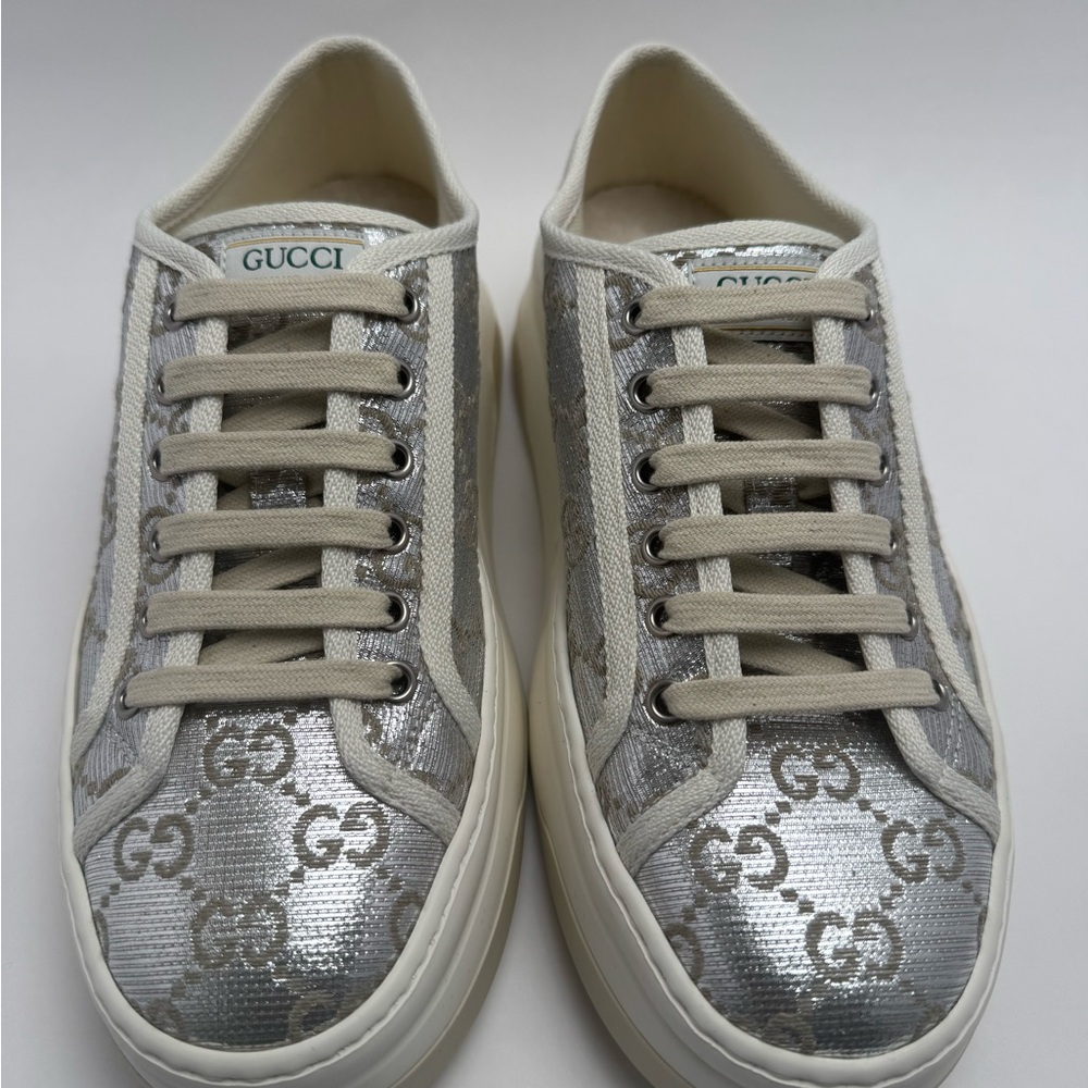 Gucci Silver Metallic Sneakers with Monogram Design